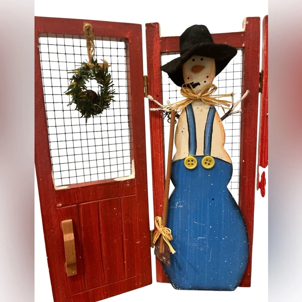 Rustic Wooden Snowman Christmas Decor Folding Screen / Winter Holiday Display
